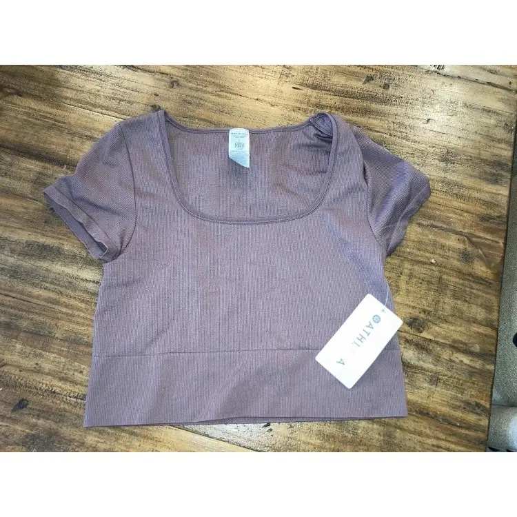 Athleta Women's Crop Top - Purple Short Sleeve Top with Tag Detailing