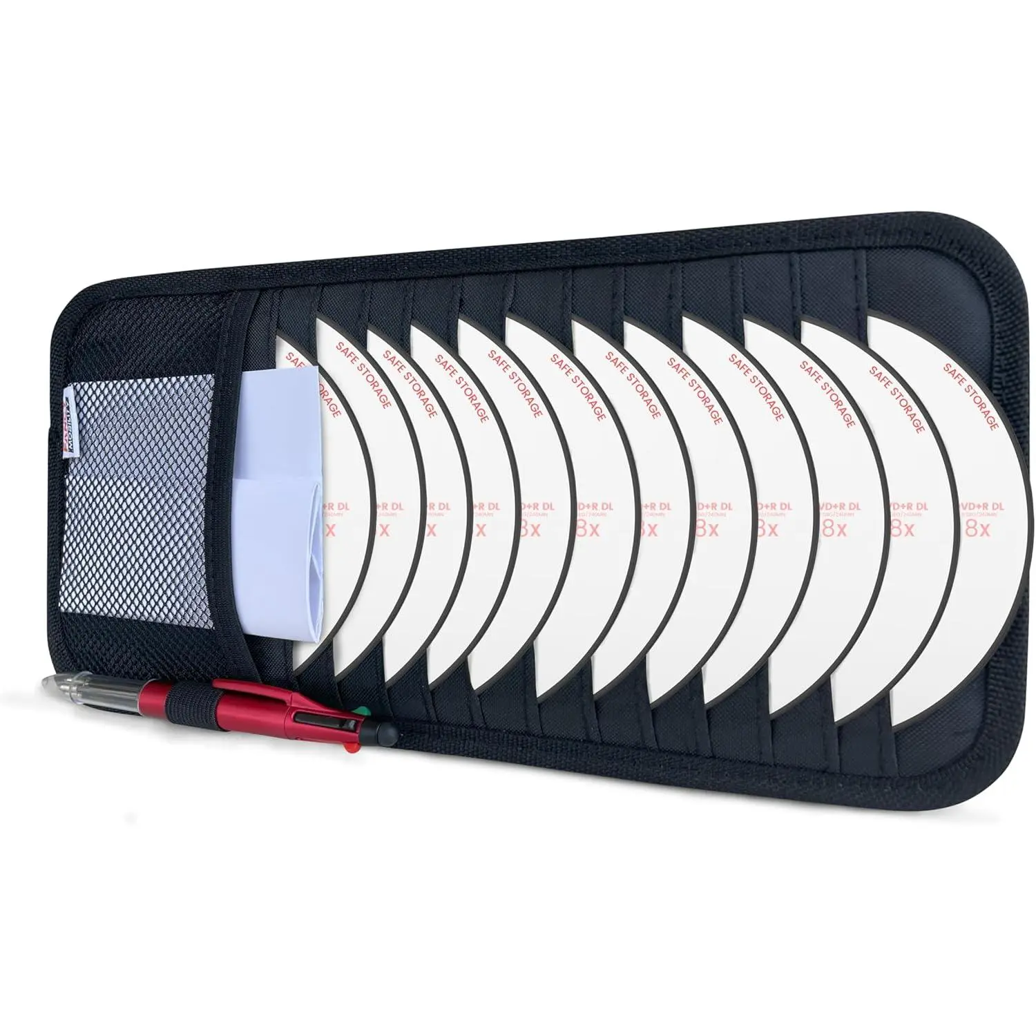 CD Case Holder for Car - Sun Visor Organizer for 12 CD’s/Dvd’s, 1 Mesh Pocket & 1 Horizontal Pen Holder - Safe, Ergonomic Design (Black)
