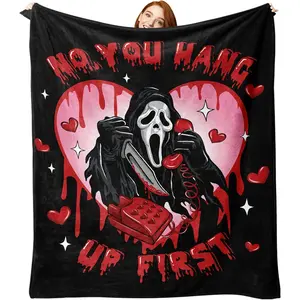 Black Horror Ghost Face Flannel Throw Blanket, No You Hang up First Funny for Kids Men Women, Romantic Love Heart Soft Blankets for Bedding Sofa 50 x 60 Inches