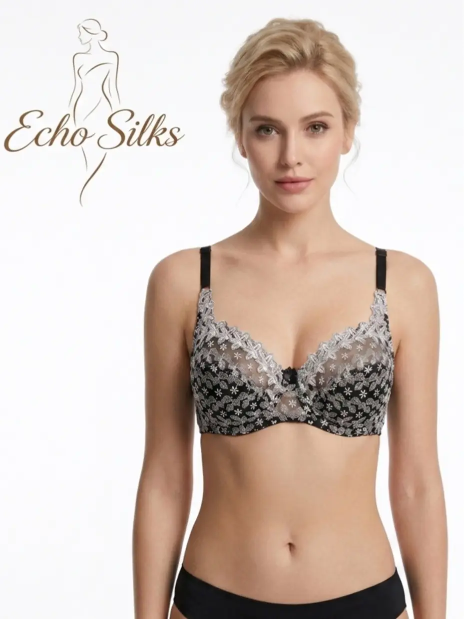 Women's Feminine Floral Print Bra, Lightweight Embroidered Mesh Underwire with Adjustable Straps, Full Coverage Support, Embroidery, Comfortable, Elegant, Casual, Fabric, Lingerie Fit Breathable, Machine Wash