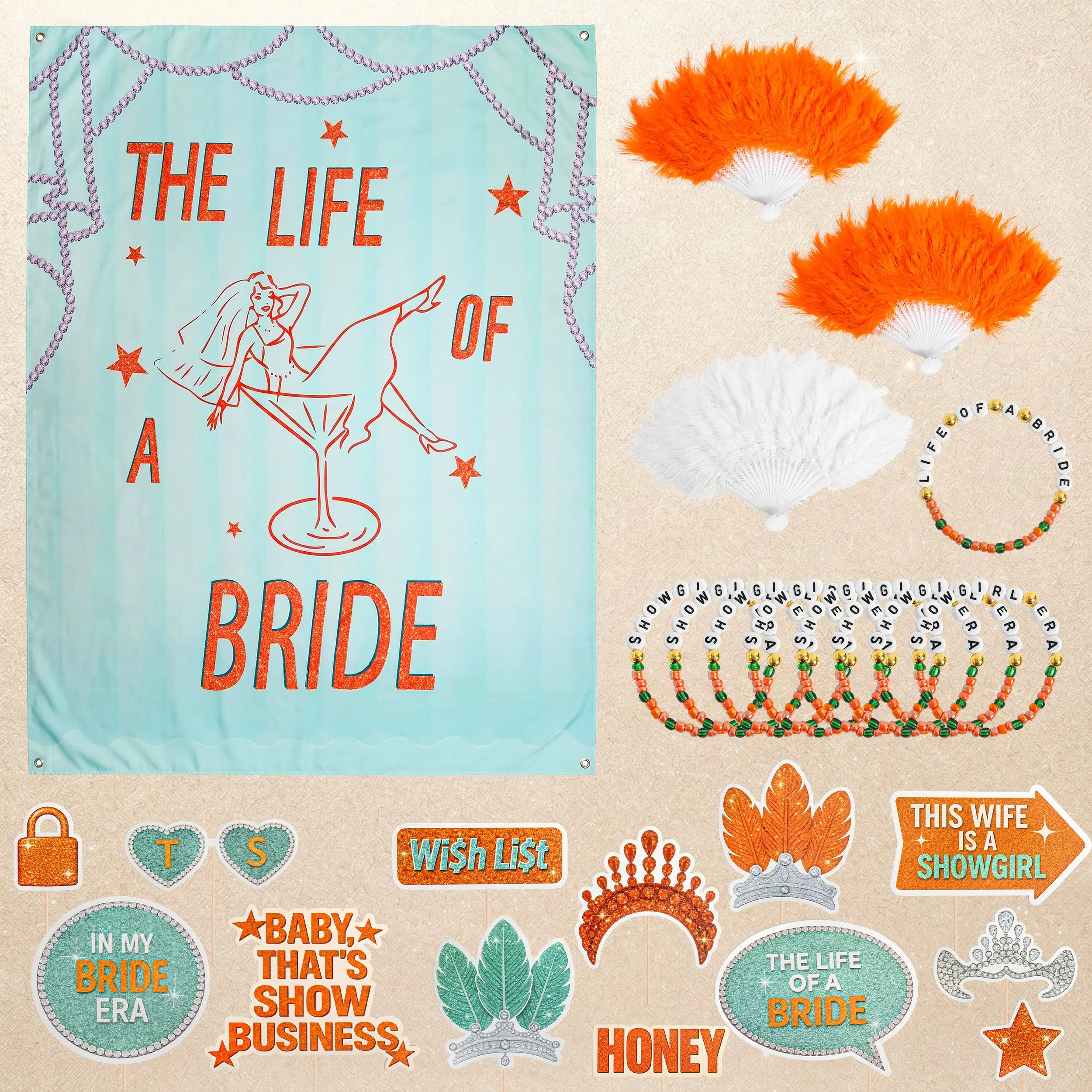 Life of a Bride Bachelorette Decorations Kit | Showgirl Inspired Party Decor, Photo Booth Props, Fabric Backdrop, Feather Fans & Friendship Bracelets