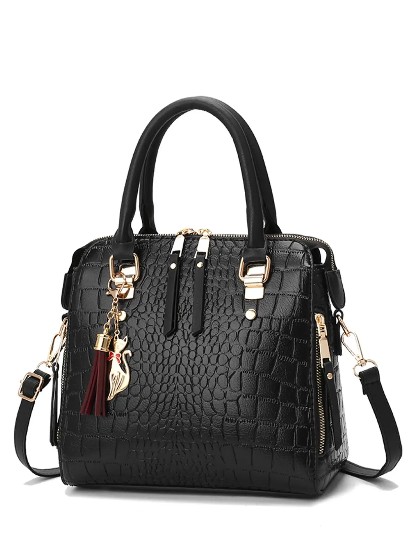 Women's Summer Crocodile Embossed Handbag As Gift, 2025 Trendy Casual Plain Textured Zipper Crocodile Handbag with Tassel & Animal Charm, Simple Des