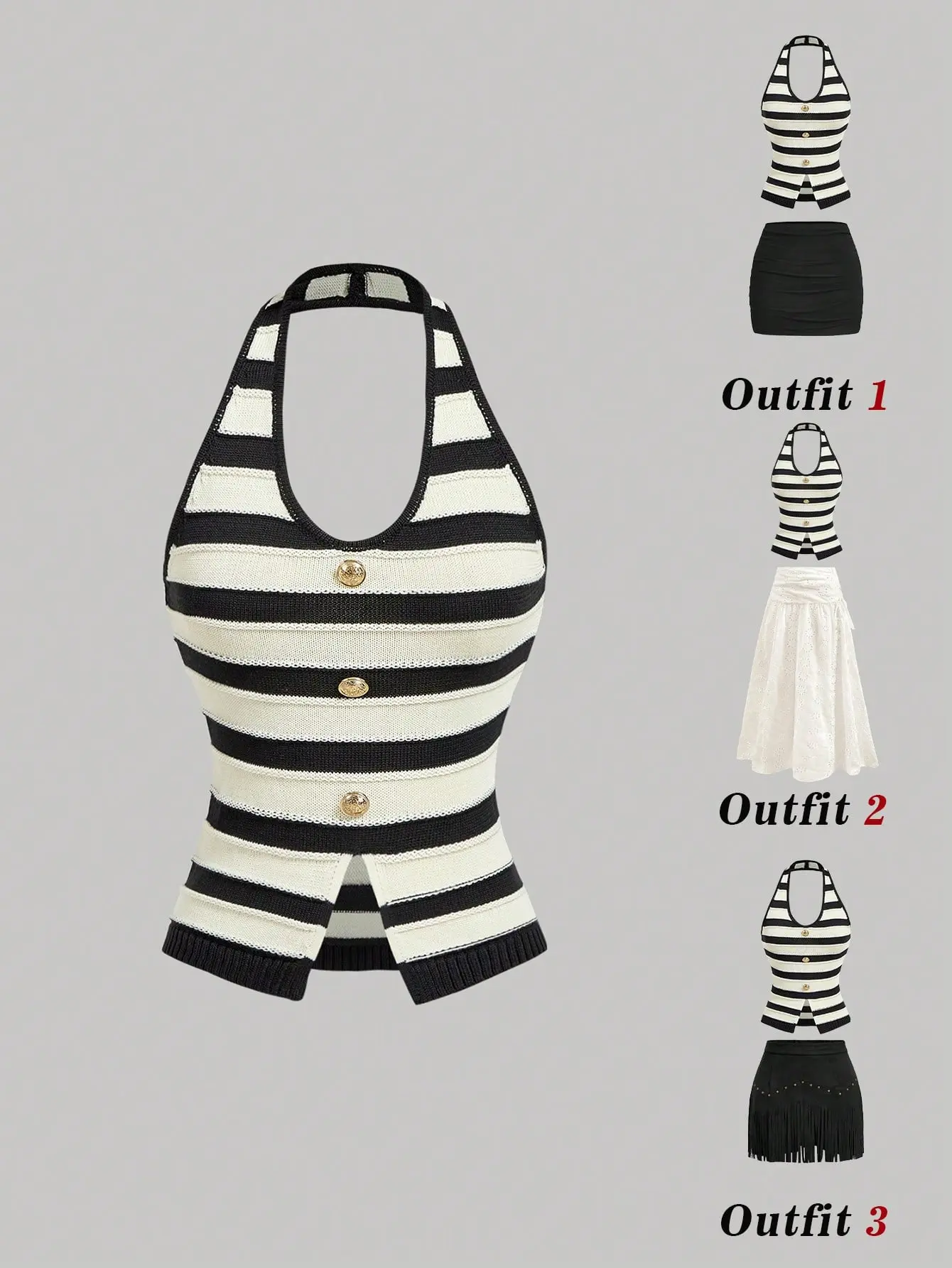 LALUZ Women's Striped Metal Buckle Contrast Hem Split Halter Neck Knit Top Going Out Clubwear Trendy Fashion Sleeveless Knit Crop Top