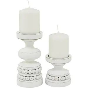 Wood Decorative Beaded Pillar Candle Stand Set of 2 Candlestick Holders 8", 4"H, White