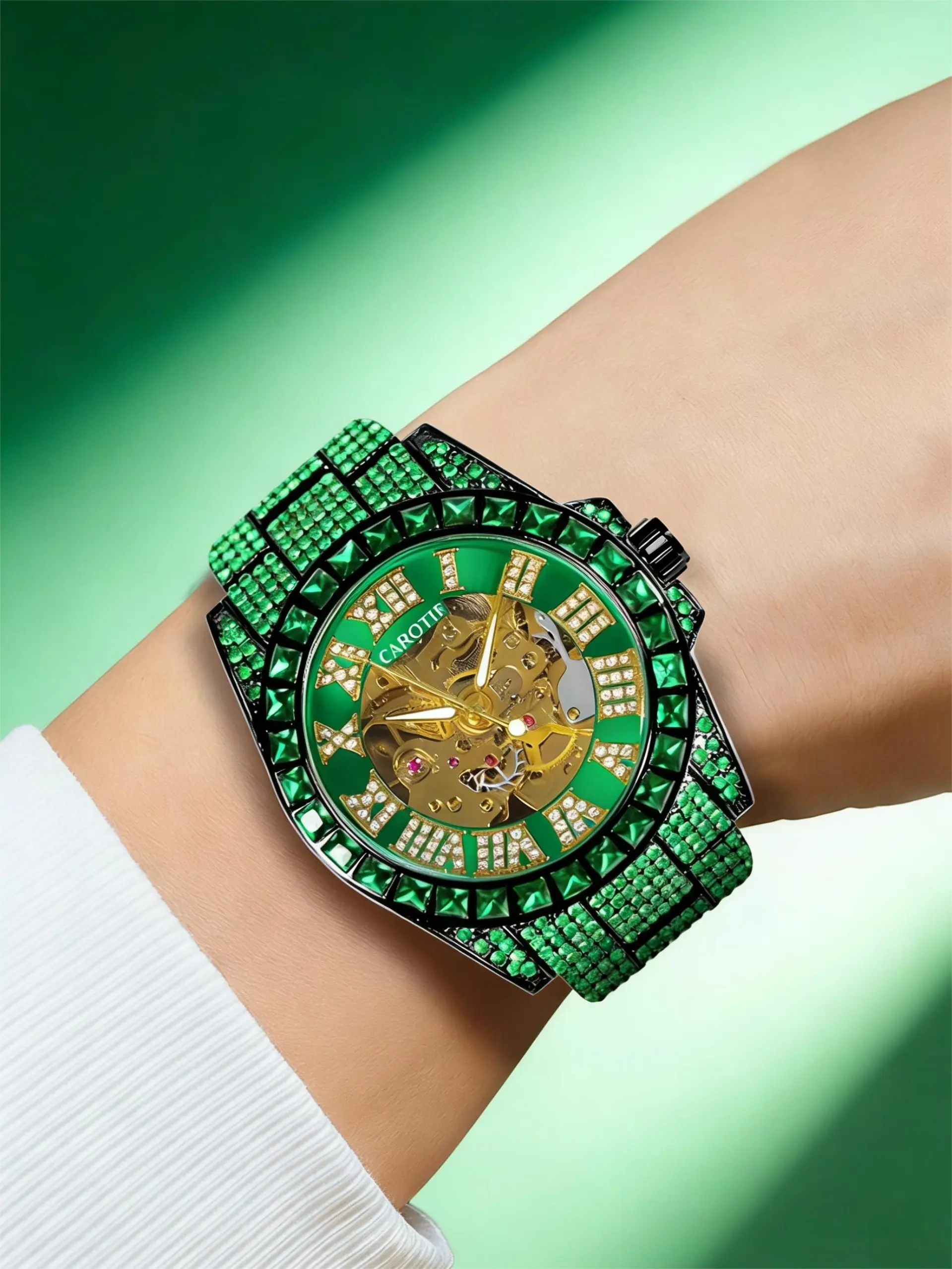 Men's Luxury Green Crystal Skeleton Mechanical Watch Bold Design Sparkling Crystals Exquisite Gift Ready Timepiece with Box for Party Nightclub Glam Occasions