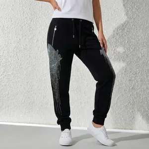 Sparkly Crystal Fringe Joggers - Cyber Y2K Streetwear - Black Moto Wings Detail Sweatpants