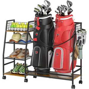 Golf Bag Storage Rack for Garage with Wheels, Organizer for Golf Bag and Equipment Accessories, Golf Organizer Stand Ideal for , Garage, Club, Shed, Basement - Sturdy and Durable (Black)