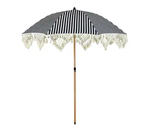 Northlight 6.5' Striped Macrame Boho Umbrella Black White