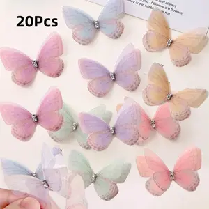 20pcs Random Color 5cm 3D Organza Butterfly Adhesive Stickers, Dreamy Design Flower Bouquet Decorative Patches, Suitable for Clothing, DIY Headbands, Mother's Day Gifts