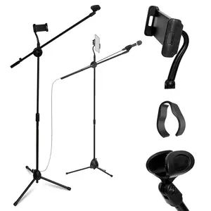 QAISE, MTS-01 Microphone Stand Boom - Tablet/phone Holder for Karaoke, Studio, Parties, Rehearsals – 5ft Tablet and Phone Holder for Microphone Stand