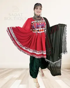 Zarmina Afghan Kuchi Dress – Red Frock with Dark Green Partoog | Sadat Boutique