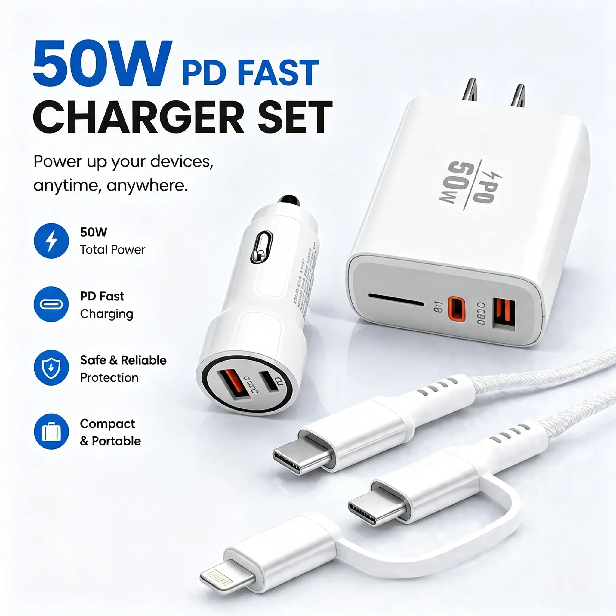 50W PD Fast Charger Kit, Wall Charger + Car Charger with 2-in-1 USB-C & Lightning Cable, Dual Port PD QC3.0 Fast Charging Set, Universal Charger for Home Car Travel Office, Compatible with iPhone Android Phone Tablet（1.2m）