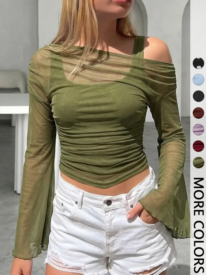 One off the shoulder top with ribbon down the side ahein - TikTok Shop