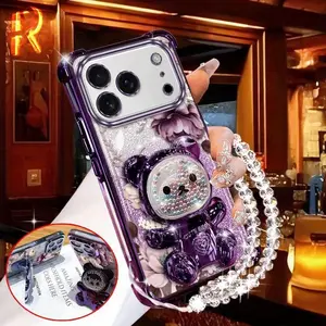 1 Piece iPhone 17 Pro Max Phone CasesPurple flowers with Bear stand and beaded lanyard Pattern Fashion Ready Comfortable feel Suitable For iPhone 17 Pro Max Case With Impact Resistant Shockproof Cover