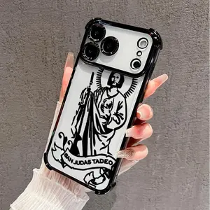 Electroplated Four Corner Anti-Fall Saint Jude Symbol Pattern Phone Case for iPhone 17 16 Pro Max 15 Plus 14 13 12 11 E Air Shockproof Transparent Protective Cover Compatible with Samsung Galaxy S25