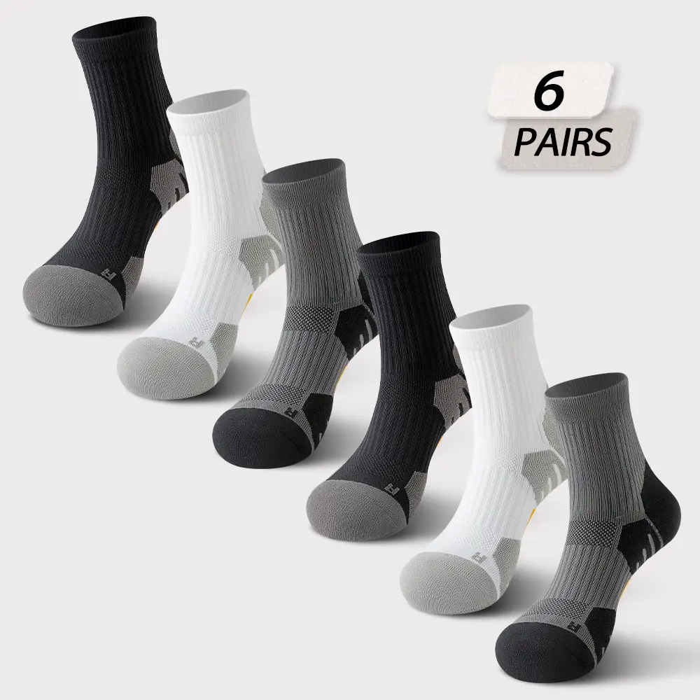 6 pairs Men's socks for men athletic socks Mid-Calf Sports Socks – Breathable Mesh, Sweat-Wicking, Shock-Absorbing, and Durable. Terry Sole Solid Color Basketball Socks for Running, Soccer, and Hiking. Made of Cotton-Polyester Blend.