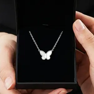 Silver Butterfly Shell Pendant Necklace - Stainless Steel, 24cm Chain, 3.2g/0.11oz - Summer Daily & Date Wear Dainty Jewelry gift accessories
