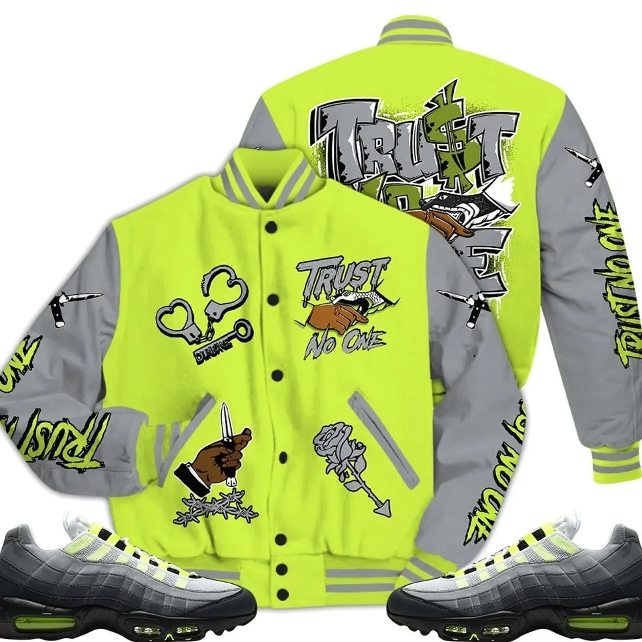 Max 95 OG Big Bubble Neon Outfits Varsity Jacket, Trust No One AIR Unisex T-Shirts To Match Sneakers, Streetwear Style Urban