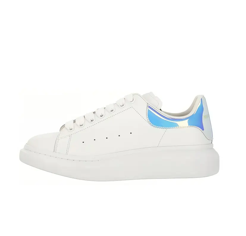 White Iridescent Holographic Heel Platform Leather Skate Sneakers, Thick Height Boost Cushion Sole Casual Trainers, Shiny Color-Shifting All-Match Street Shoes For Men Women