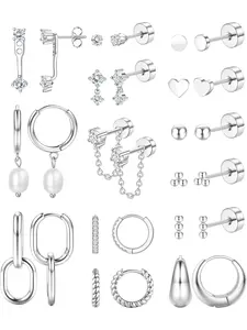 14-Piece Earring Set for Women – Popular Set: Silvery and Golden Studs, Hoops, Dangle Earrings, Small Size, Stainless Steel, Multiple Styles, Zirconia, Hypoallergenic, Cartilage, Women’s Jewellery Hoop Earring Sets