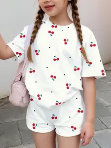 Girls' Cherry Pattern Print Set, Summer Casual, 2-Piece Girl T-Shirt and Tight Cycling Shorts, Comfortable Elastic Waist Pants