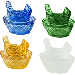 Cute Mini Glass Crystal Hens On Nests, Removable Lid Glass Crystal Figurine for Easter Christmas Farm Gifts (Set of 4)