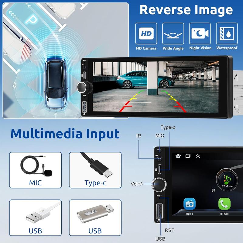 Single Din Car radio with Wireless CarPlay/Android Auto, Bluetooth Handsfree Car Radio 6.86 Inch IPS Touch Screen Single DIN MirrorLink FM/EQ/AUX/USB/SWC/Type-C with Camera MIC