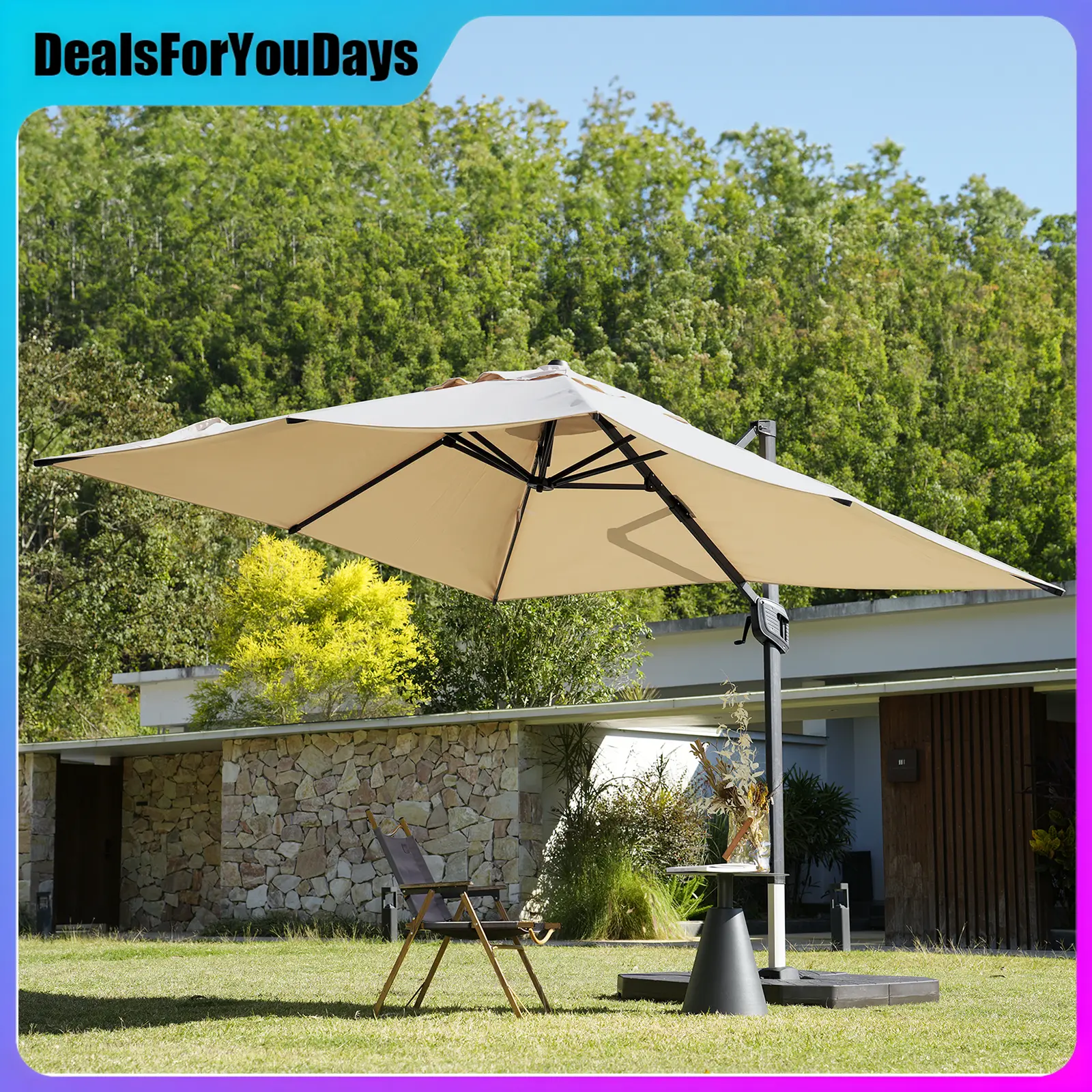 Heavy-Duty Aluminum Frame Cantilever Patio Umbrella with Base, 9x12FT/10x10FT Square Sunshade Canopy, 360° Rotation, 8-Rib Sun Protection, 6 Adjustable Tilt, Windproof, 3-Year Fade Resistance, Sand-Filled Compatible, Outdoor Pool Deck Use, Easy Assembly