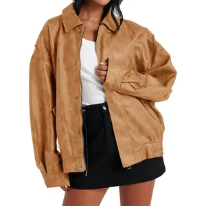 Women's Oversized Leather Bomber Coat - 2024 Fall Fashion Lady Long-Sleeve Zip-Up Collared Motorcycle-Style Basic Casual Outerwear (Style-Focused)
