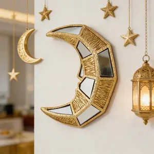 Ramadan Creative Modern Resin Mirror Stripe Crescent Moon Ornament, Special Design for Eid Mubarak Decor, Home Decoration Gift, Stylish Religious Decor