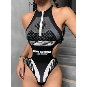 Women’s letter-print open-collar jumpsuit, a fashionable, casual, sleeveless design with cutouts, suitable for everyday outdoor wear; spring and autumn women’s apparel GARMENTARY