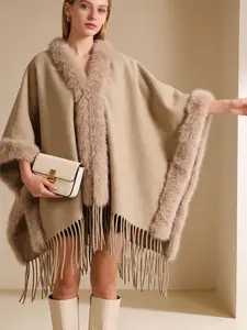 Women's Solid Color Fringed Fur Collar Shawl, Thick Warm Long Plush Shawl, Fluffy Soft Scarf, Fashionable Casual Accessory for Autumn Winter