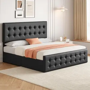 King Size Bed Frame with 4 Storage Drawers and Headboard Faux Leather Upholstered Platform Bed Frame with Wooden Slats Support Button Tufted Design No Box Spring Needed Black
