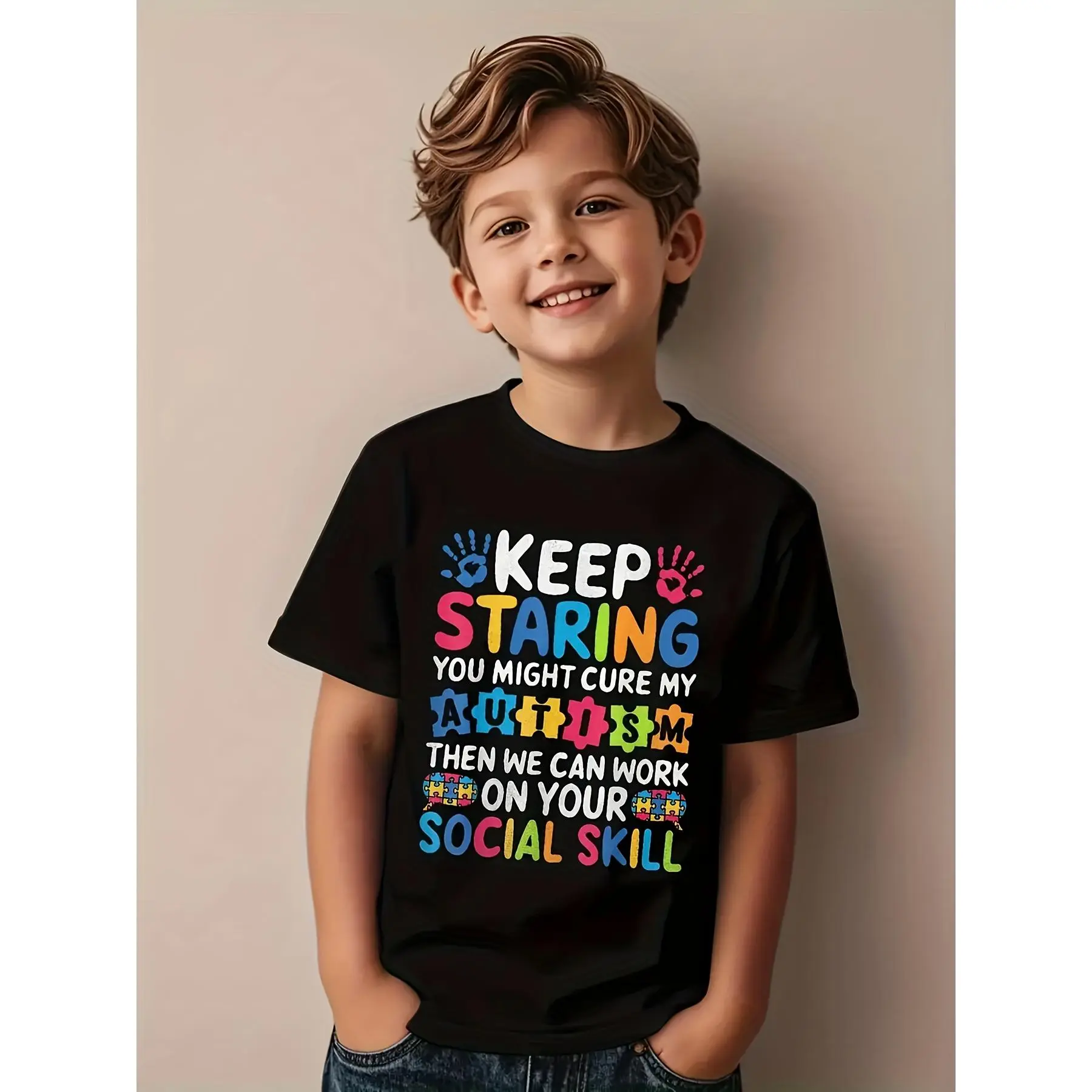 Keep Staring at You Might Cure My Autism Awareness Jigsaw Puzzle Boy T-Shirt, Kids T-Shirt, Boys And Girls T-Shirt