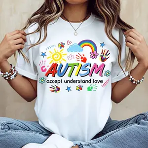 Autism Accept Understand Love Rainbow Sun Cloud Puzzle Pieces Handprints Flowers Stars Printed T-Shirt Crewneck Casual Wear For Autism Awareness And Support