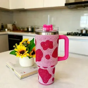 40 oz rhinestone strawberry tumbler with straw and handle, crystal bling strawberry pattern stainless steel travel mug, trendy gift for her for Valentine’s Day, Christmas, and New Year