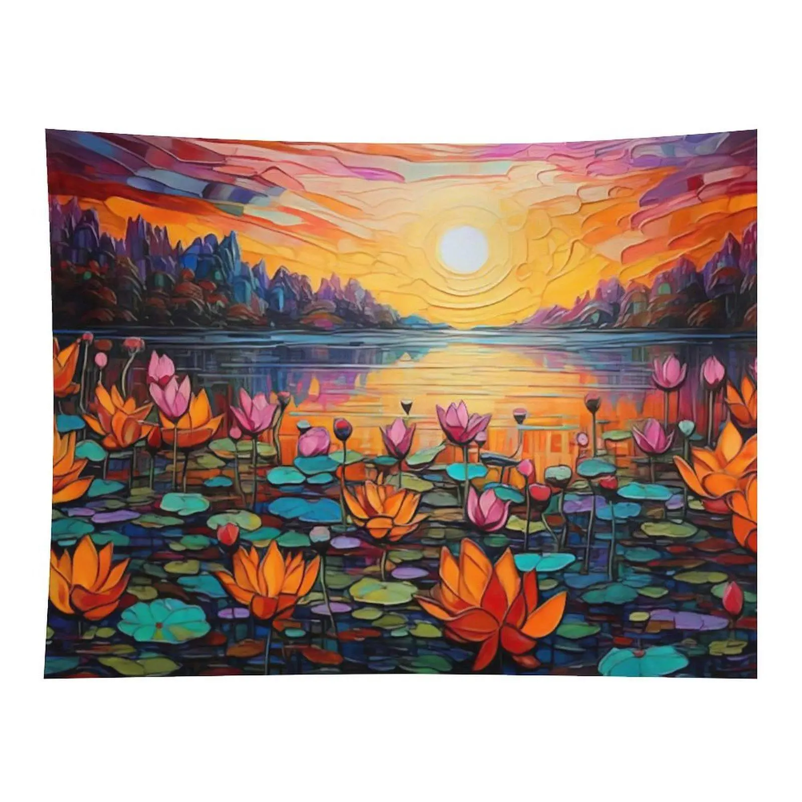 Vibrant Impressionist Lotus Pond Sunset Wall Tapestry Colorful Oil Painting Style Water Lily Lake Scenery For Artistic Home Room Wall Hanging