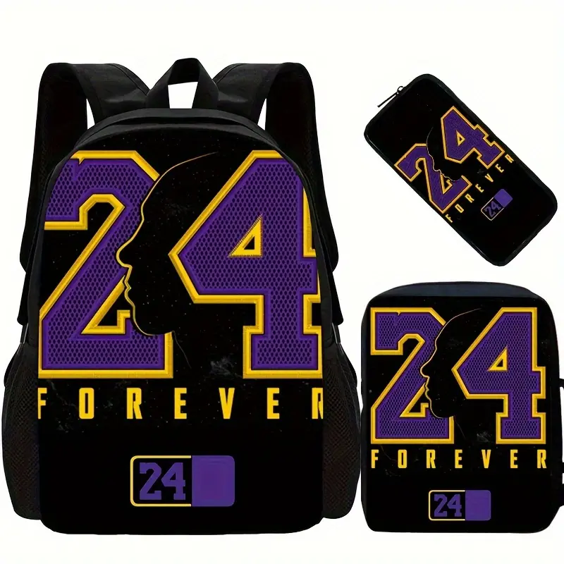 3-Piece School Bag Set, Purple & Gold Basketball Jersey Number Print, Oxford Cloth Backpack with Insulated Lunch Bag with Top Handle & Zipper Pencil Case for Students, Daypack, Adjustable Strap, School/Work