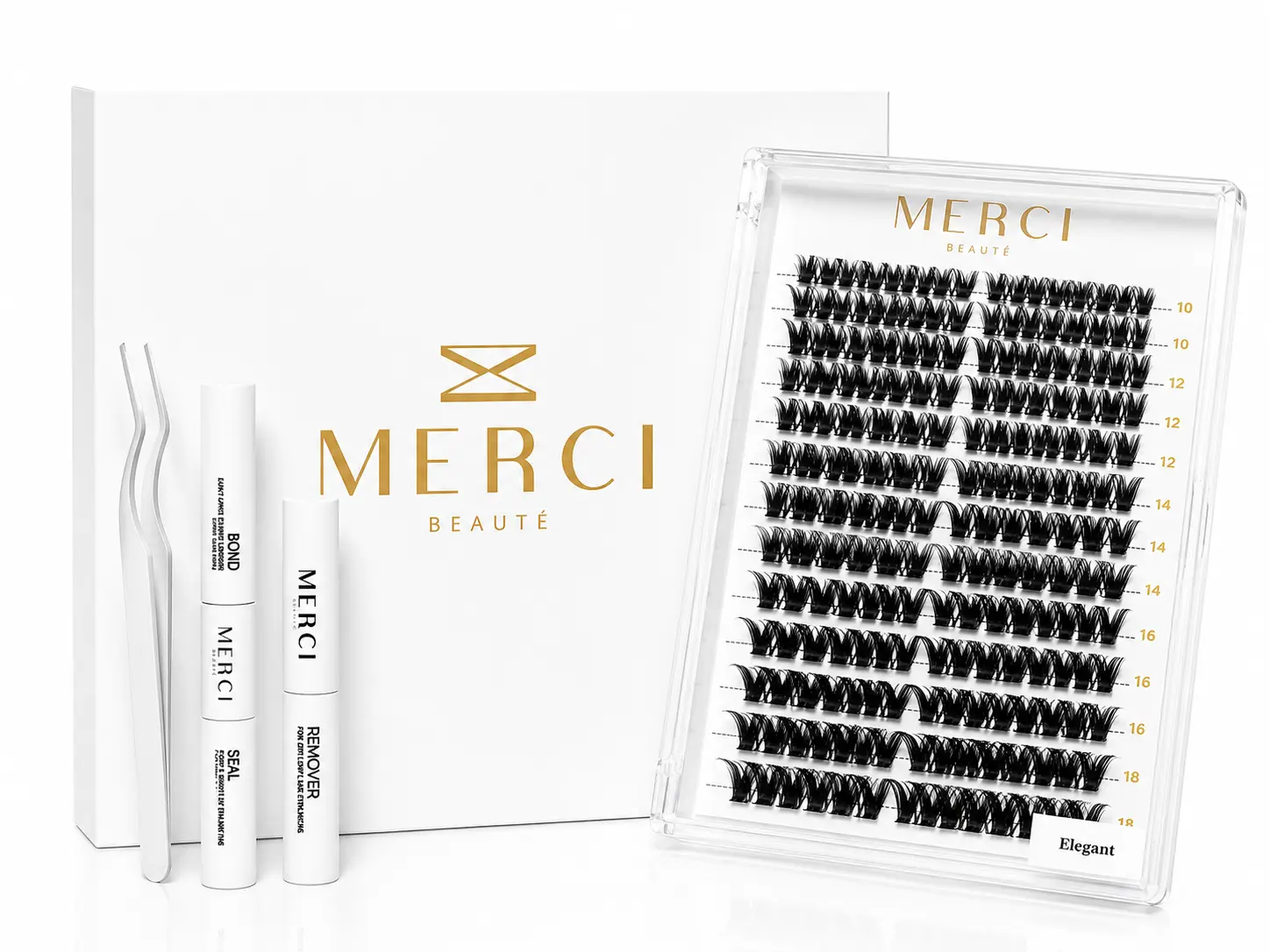 MERCI BEAUTÉ Elegant DIY Eyelash Extension Kit – 108 Full Volume Glam D Curl Cluster Lashes (10–18 mm), Bond & Seal, Remover, Tweezers, Latex-Free