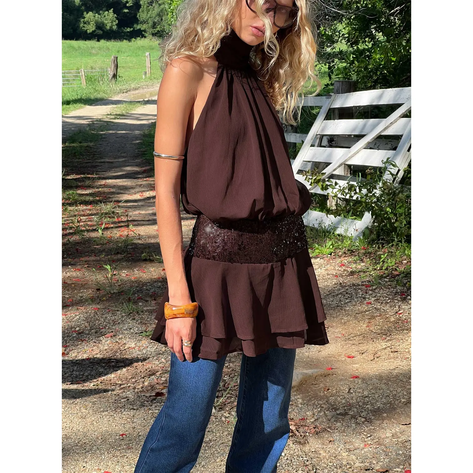 brown glitter mini dress Retrofête Women's Cydney Dress - Bronze main image 0