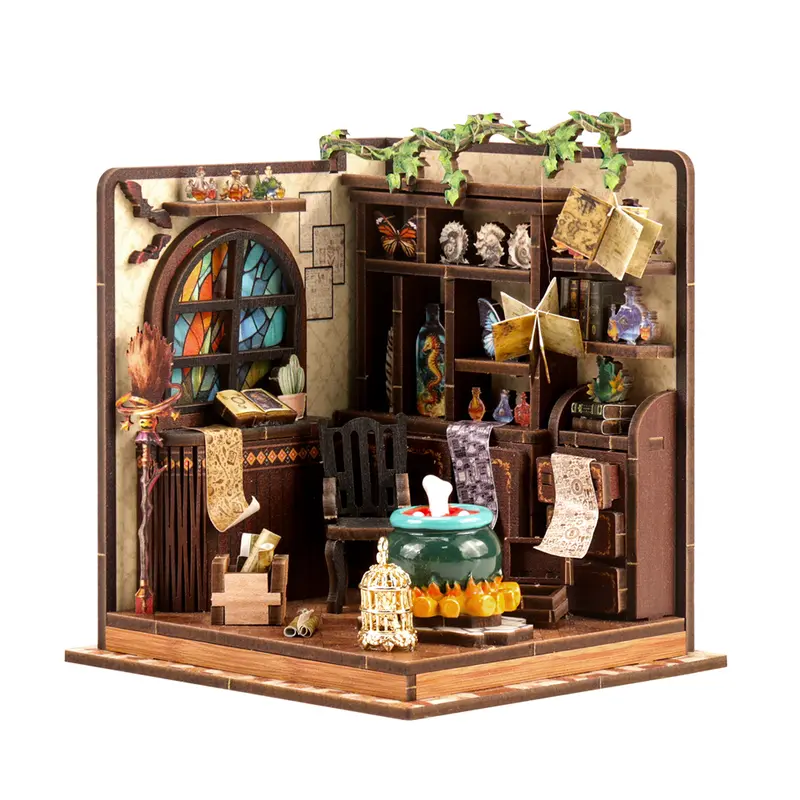 DIY Miniature Dollhouse Book Corner Kit with Stained- Window & Openable Doors - Multicolor Bookshelf Puzzle Assembly, Mini Furniture Compatible (No Tools/Glue/)-Chibi-Style Room Decor for Birthday