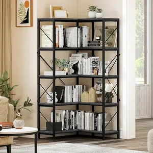 DWVO Corner Bookshelf, Industrial Corner Shelf 5 Tier Bookcase, Large Display Rack Storage for Bedroom, Living Room, Home Office,Charcoal Gray + Black