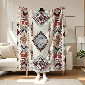 Native American Inspired Tribal Geometric Blanket - Soft Flannel All-Season Throw for Bed, Sofa, Camping & Travel - Vibrant Earthy Tones Holiday Gift Quick-Dry & Durable, Blanket for Bed, Home Decor Accessory, Ethnic Style, Durable Material
