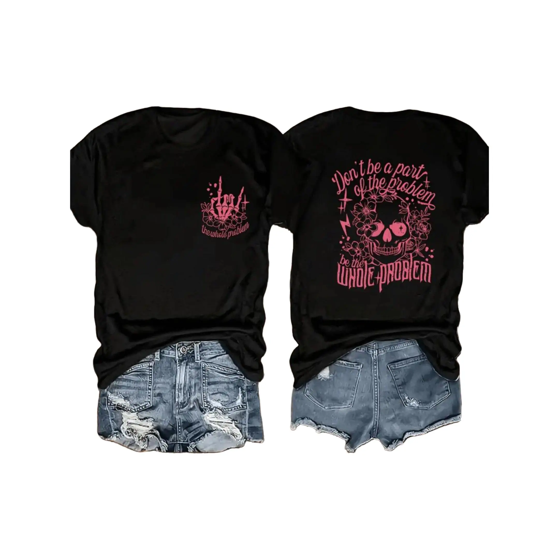 Women's Edgy Cotton Printed Short-Sleeve Graphic T-Shirt - "Be The Whole Problem" Slogan, Pink Skull & Floral Design, Rockabilly Streetwear Black Casual Tee, Shortsleeve, Fabric, Top, Tshirt