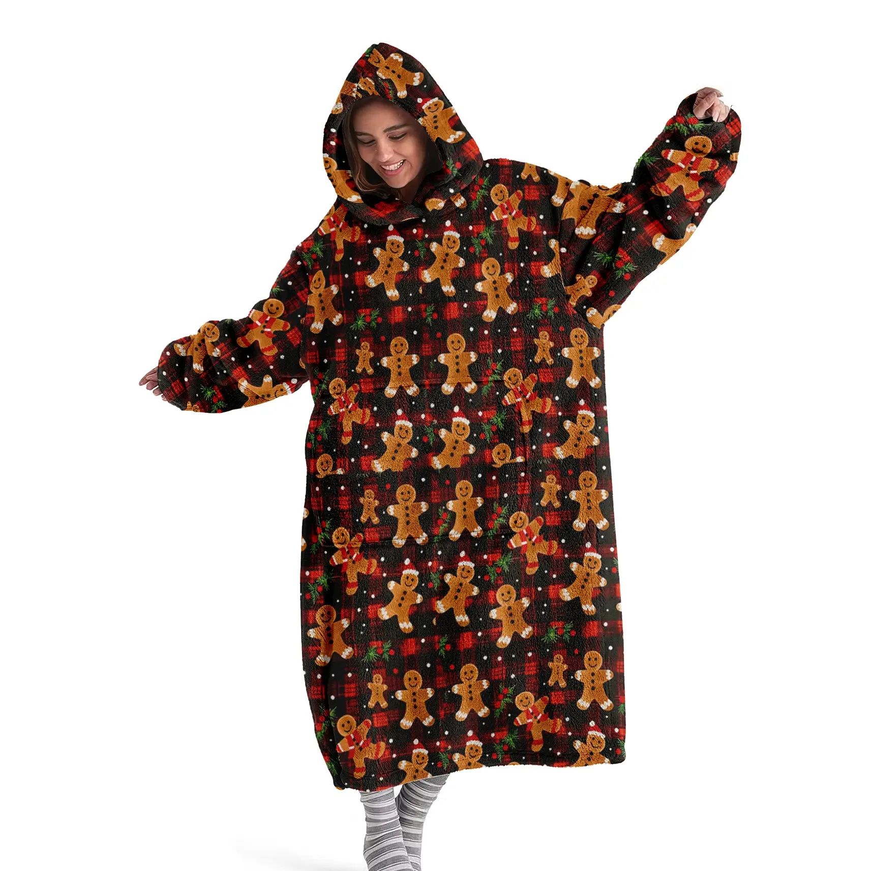 hoodie blanket, Wearable Blanket, Christmas Theme Wearable Blanket Hoodie, Soft Warm Oversized Blanket with Pocket, Cute Gingerbread Man Pattern, Cozy Hooded Blanket, Perfect Gift for Men and Women，Christmas Gift,Valentine's Day gift