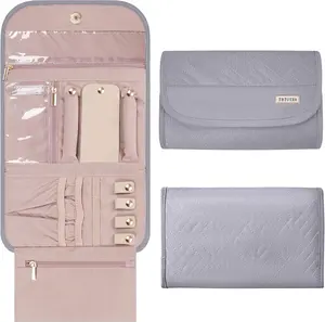 Women's Travel Jewelry Box Manager, Foldable Travel Accessories Lightweight Jewelry Storage Roll for Earrings, Necklaces, Rings Organizer, Christmas 2025 Ornament, Portable Pouch, Gift for Her, Holiday Essentials Grey,Pink,Black,travel accessories