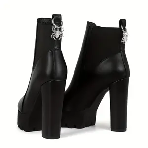 Women's Chunky 3.94inch Thick Platform Ankle Boots with Punk Skull & Spider Charm Buckle - Slip-On Round Toe PU Cover Gothic Boots for Halloween, Edgy All-Season Fashion Footwear, Rubber Sole Footwear Girl Walking Shoes