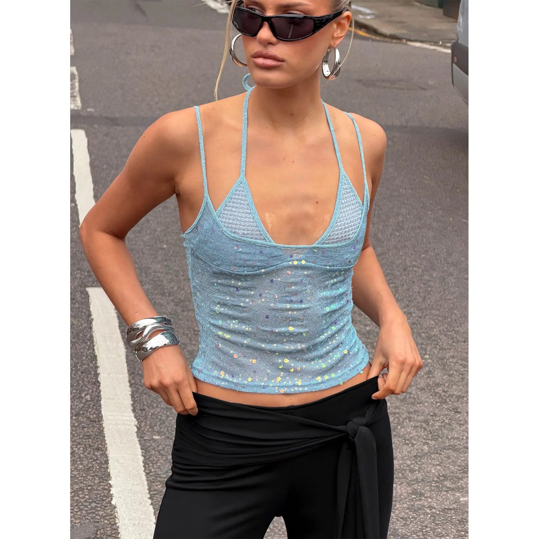 Odena Layered Sequin Cami Top Blue
