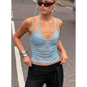 Odena Layered Sequin Cami Top Blue