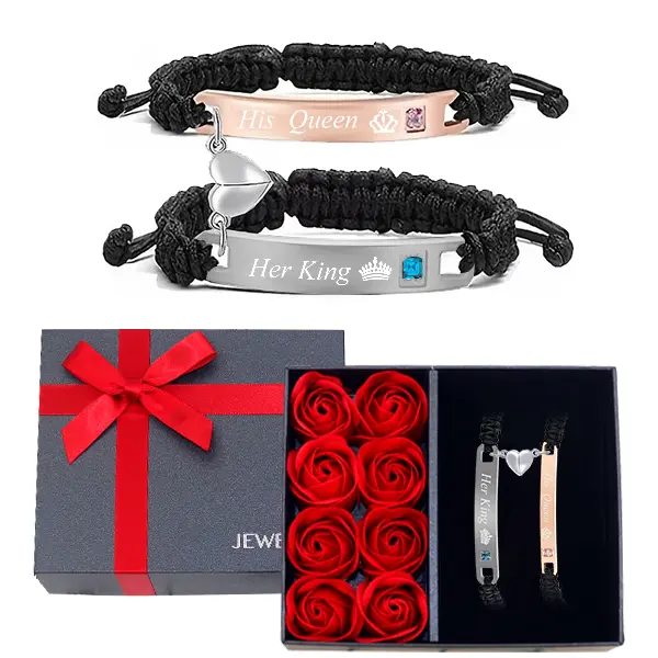 Couple Matching Bracelets with Rose Flower Gift Box,  Necklace with Gift Box for Birthday Wedding Mother's Day Xmas Present